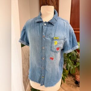 Justice‎ Pac-Man Denim Button Up Shirt Large Arcade Game Top